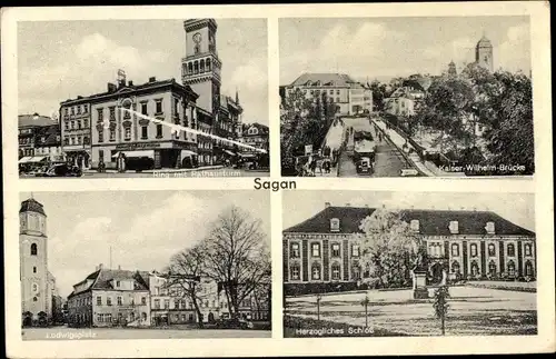 Ak Żagań Sagan Schlesien, Kaiser Wilhelm Brücke, Herzogliches Schloss, Ludwigsplatz, Rathausturm