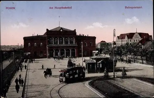 Ak Poznań Posen, Bahnpostamt, Hauptbahnhof, Straßenbahn