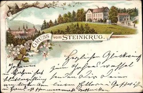 Litho Boffzen an der Oberweser, Gasthaus Steinkrug, Blick auf den Ort