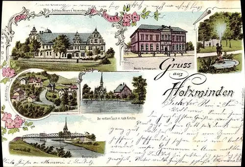 Litho Holzminden an der Weser, Neues Gymnasium, katholische Kirche, Schloss, Weserbrücke