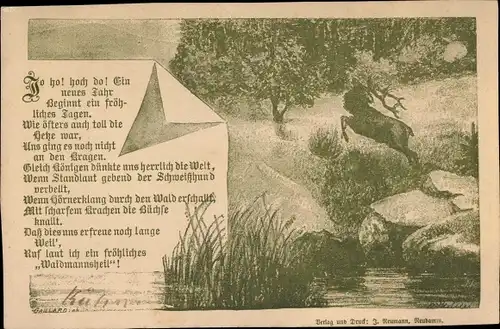Gedicht Ak Glückwunsch Neujahr, Ein neues Jahr beginnt ein fröhliches Jagen, Hirsch