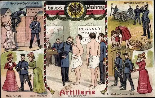 Künstler Ak Gruss von der Musterung, Leben der Artillerie-Soldaten, Nach dem Zapfenstreich, Wappen