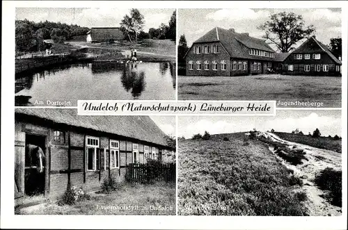 Ak Undeloh in der Lüneburger Heide, Jugendherberge, Bauernhof, Dorfteich, Wilseder Berg