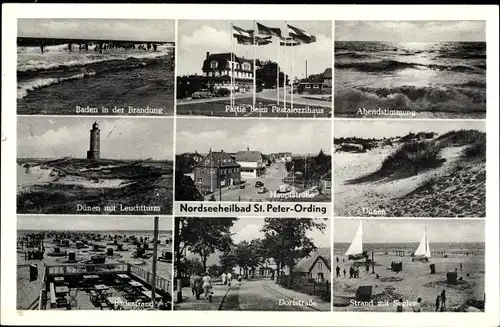 Ak Nordseebad Sankt Peter Ording, Leuchtturm, Brandung, Pestalozzihaus, Badestrand, Terrasse