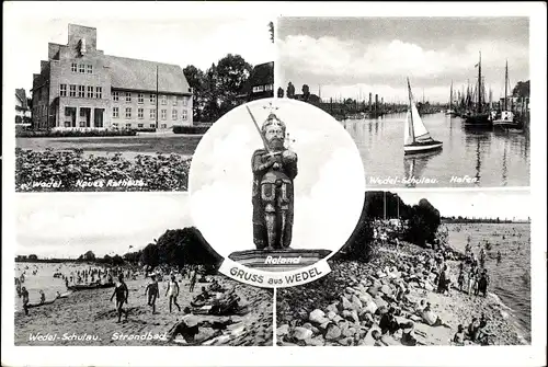 Ak Schulau Wedel im Kreis Pinneberg, Hafen, Roland, Strandbad, Neues Rathaus