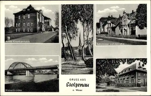 Ak Stolzenau an der Weser, Kirche, Schinnaer Landstraße, Post, Altes Krankenhaus, Weserbrücke