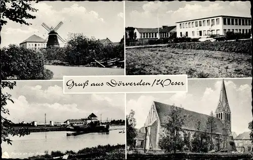 Ak Dörverden in Niedersachsen, Windmühle, Kirche, Weserpartie, Schule