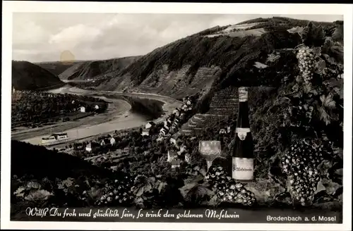 Ak Brodenbach an der Terrassenmosel, Weinterrassen, Moselwein, Fluss, Ort, Berge