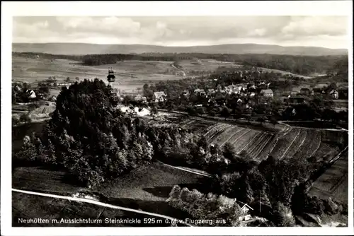 Ak Neuhütten Wüstenrot in Württemberg, Fliegeraufnahme vom Ort mit Aussichtsturm