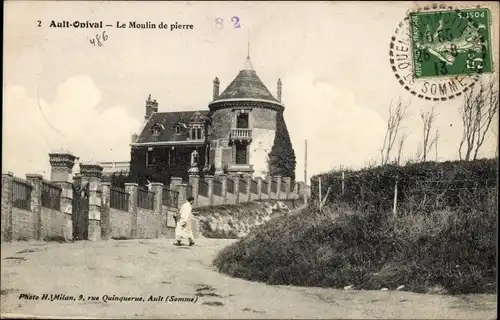 Ak Ault Onival Somme, Vue du Moulin de pierre, Dünen, Mann