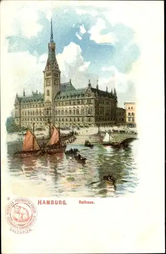 Litho Hamburg Mitte Altstadt, Rathaus, Ruderer, Segelboote