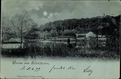 Mondschein Ak Berlin Wilmersdorf Grunewald Schildhorn, Blick auf den Ort, Haus am Wasser