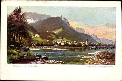 Künstler Ak Schwab, M., Hallein in Salzburg, Blick auf den Ort, Fluss, Brücke