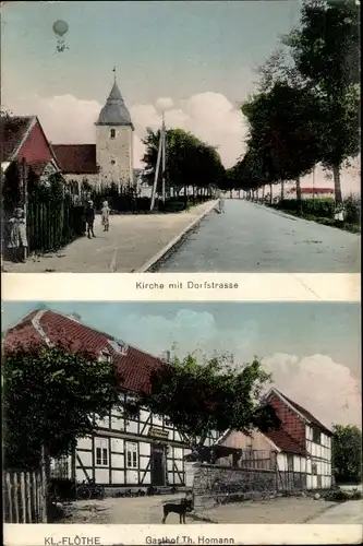 Ak Klein Flöthe Niedersachsen, Kirche mit Dorfstraße, Gasthof Th. Homann