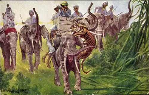 Künstler Ak Fromme, Ludwig, Männer auf der Tigerjagd, Elefanten