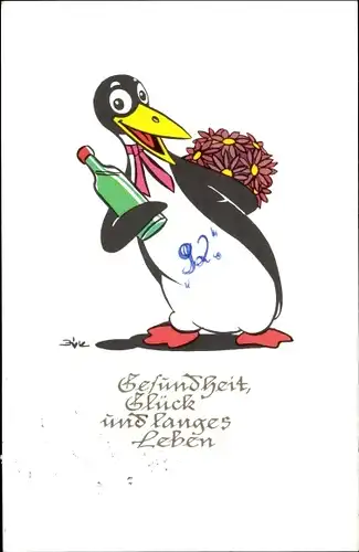 Künstler Ak Gesundheit Glück und langes Leben, Pinguin mit Blumenstrauß