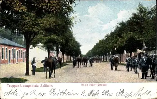 Ak Zeithain in Sachsen, Truppenübungsplatz, König Albert Straße, Soldaten