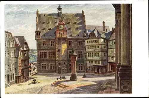 Künstler Ak Lindegreen, K., Marburg an der Lahn, Marktplatz mit Rathaus