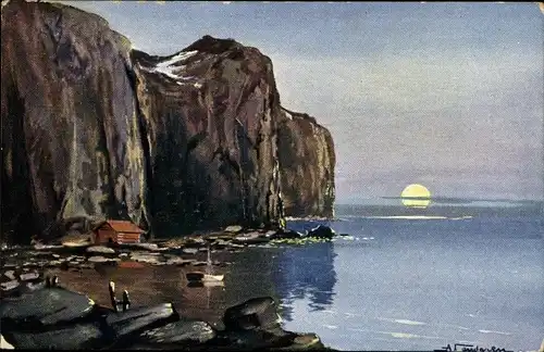 Künstler Ak Norwegen, Blick auf das Meer, Felsen, Mond