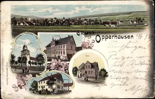 Litho Opperhausen Kreiensen Einbeck in Niedersachsen, Schule, Post, Pfarre, Kirche, Totale