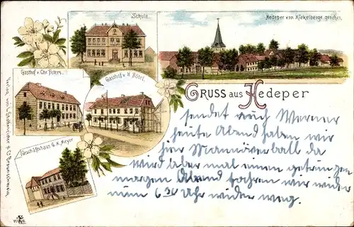 Litho Hedeper in Niedersachsen, Gasthof, Geschäftshaus G. H. Meyer, Gasthof v. H. Bötel, Schule