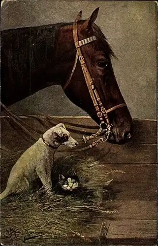 Künstler Ak Müller, A., Hund mit einem Katzenbaby im Pferdestall, schwarzes Pferd