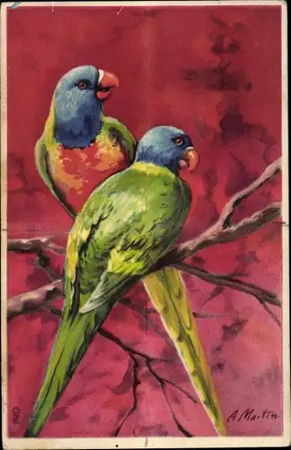 Künstler Ak Martin, A., Zwei bunte Papageien, Vögel