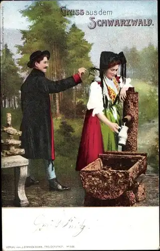 Ak Frau am Brunnen, Mann, Schwarzwälder Volkstrachten