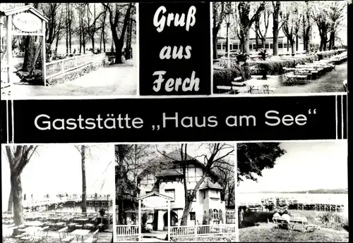 Ak Ferch Schwielowsee, Ansichten von der Gaststätte Haus am See, Biergarten, Bootsanlegestelle