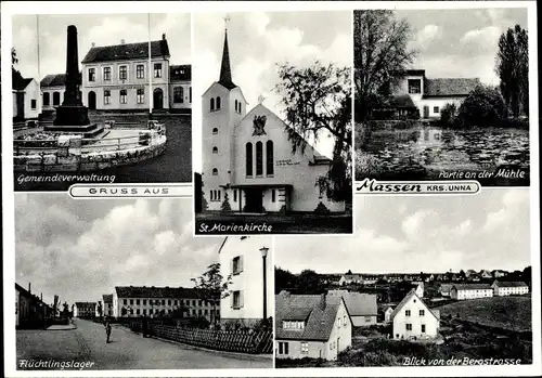 Ak Massen Unna im Ruhrgebiet, Gemeindeverwaltung, St. Marienkirche, Siedlung, Flüchtlingslager