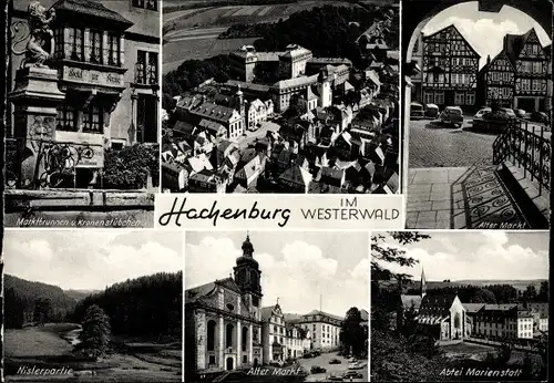 Ak Hachenburg im Westerwald, Markt, Abtei Marienstadt, Nisterpartie, Kronenstübchen