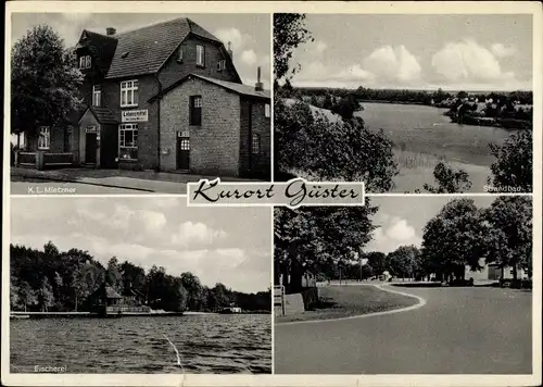 Ak Güster in Lauenburg, Geschäftshaus K.L. Mietzner, Strandbad, Fischerei, Straßenpartie