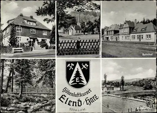 Ak Elend Oberharz am Brocken, Rathaus, Bahnhof, Kirche, Wappen, Waldfreibad, Im Elendstal