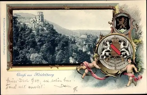 Präge Wappen Passepartout Ak Heidelberg am Neckar, Blick auf den Ort und Schloss