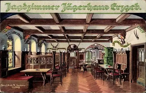 Künstler Ak Jantocher, Arch. Ph., Breitenbrunn im Erzgebirge, Jagdzimmer im Jägerhaus