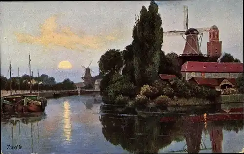 Ak Zwolle Overijssel Niederlande, Fluss, Ruderboote, Windmühle