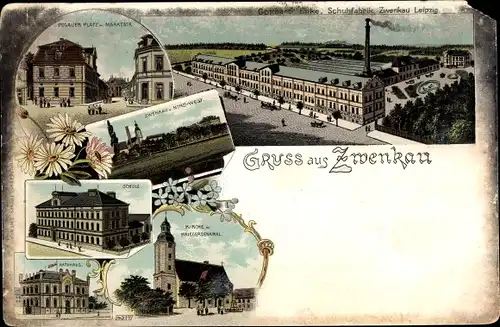 Litho Zwenkau in Sachsen, Schule, Kirche, Panorama, Schuhfabrik