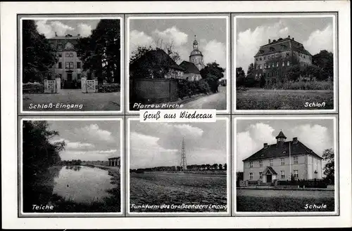 Ak Königshain Wiederau Mittelsachsen, Schlosseingang, Pfarre, Kirche, Schloss, Teiche, Funkturm