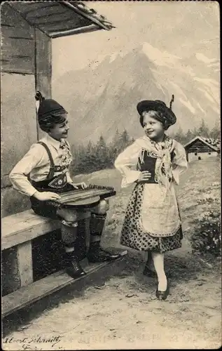 Ak Junge und Mädchen in bayrischen Trachten, Zither, Lederhose, Dirndl