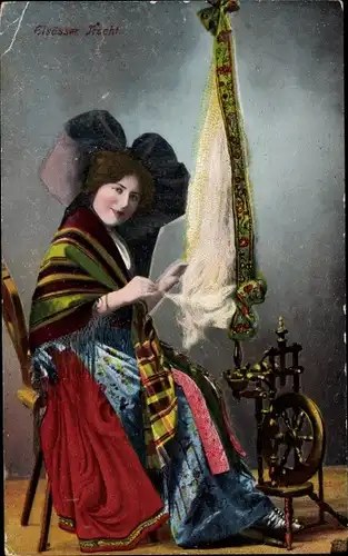 Ak Elsässer Tracht, Frau am Spinnrad, Alsacienne