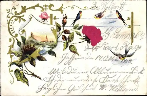 Stoff Präge Litho Rosenblüte, Schwalben, Strommast, Kitsch