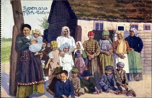 Ak Typen aus Russisch Polen, Frauen und Kinder in Volkstracht, Bauernhaus