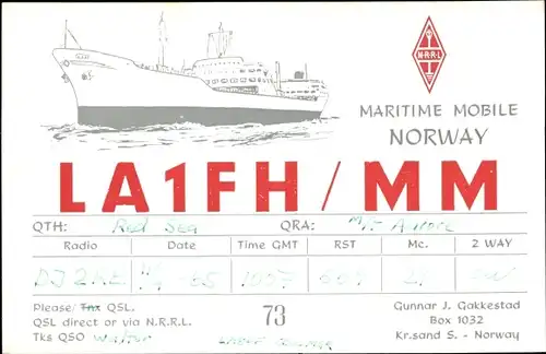 Ak QSL Karte, Funkerkarte, Maritime Mobile Norway, NRRL, LA1FH MM, Frachtschiff