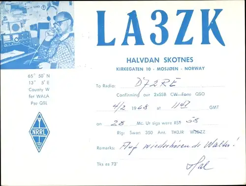 Ak QSL Karte, Funkerkarte, LA3ZK, Mann mit Funkgerät, Halvdan Skotnes, Mosjoen, Norwegen