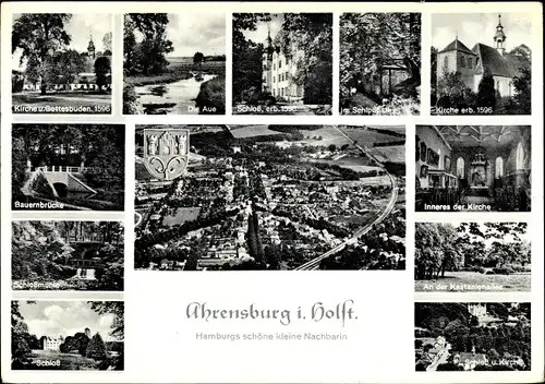 Ak Ahrensburg im Kreis Stormarn, Wappen, Fliegeraufnahme, Kirche, Schlossmühle, Schloss, Aue