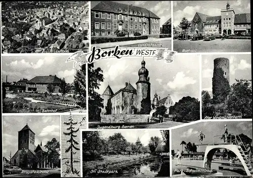 Ak Borken Westfalen, Rathaus, Landratsamt, Bahnhof, Alter Windmühlenturm, Stadtpark