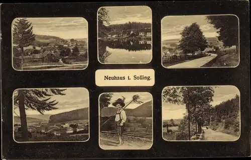 Ak Neuhaus im Solling Holzminden Niedersachsen, Panorama, Wegpartie, Wandersjunge, Ortsansicht