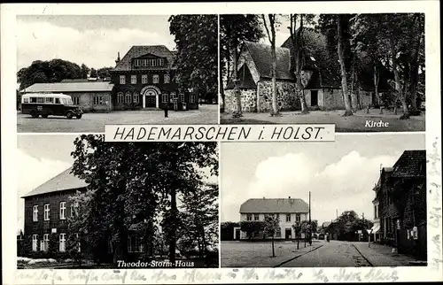 Ak Hademarschen in Holstein, Theodor Storm Haus, Kirche, Straßenpartie, Bus, Feldhusen Hotel