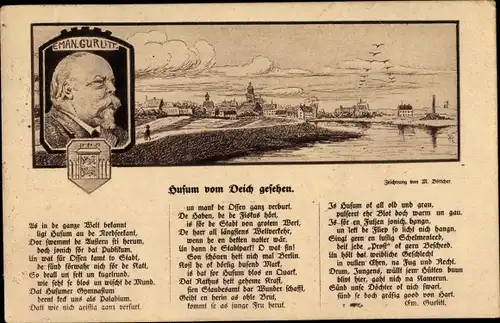 Künstler Ak Böttcher, Husum in Nordfriesland, Gedicht, Panorama, Städtebild Eman. Gurlitt