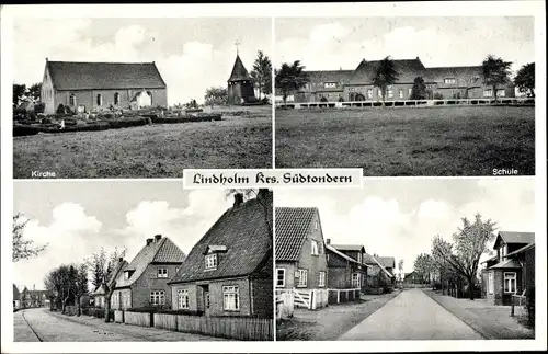 Ak Lindholm in Nordfriesland, Kirche, Schule, Straßenpartie, Ortspartie
